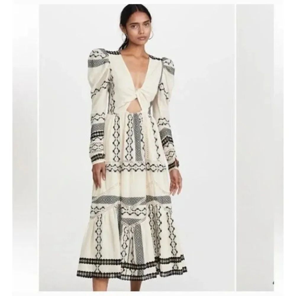 Hemant & Nanditai Womens Moira Midi Dress Size S Cut Out Black Cream Puff sleeve